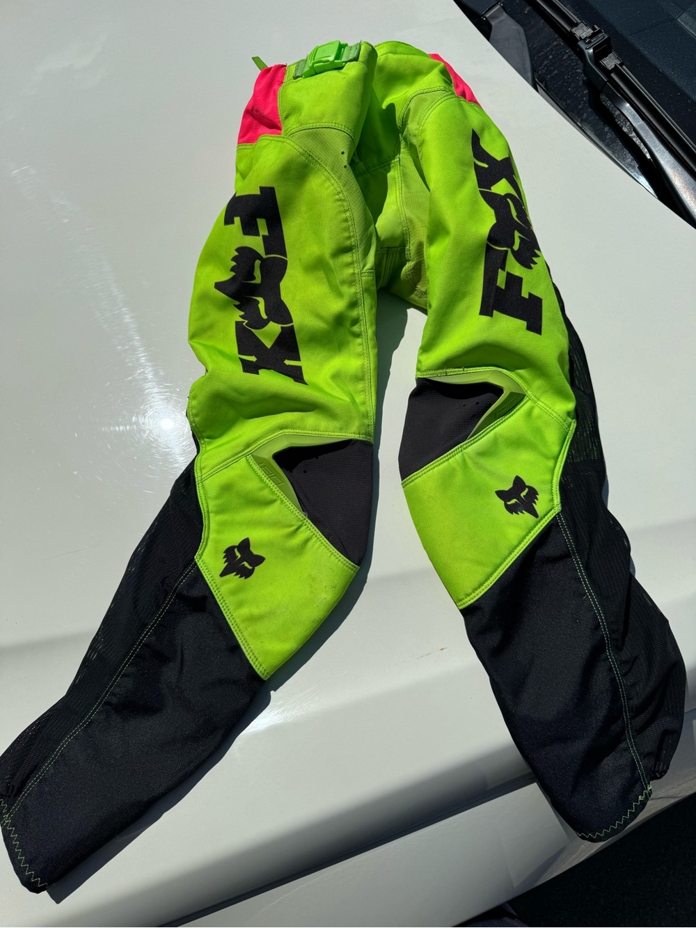Fox Kids Neon Green & Black Motocross Pants with Pink Accents adjustable waist